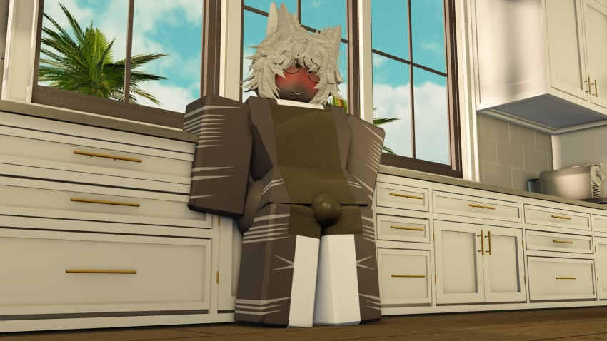 1boy 3d 3d_(artwork) apron apron_only bulge bulge_through_clothing gabbers glasses grey_body grey_hair kitchen kitchen_counter roblox robloxian sea_(searr34) seductive_look shark solo_male tagme two_tone_body