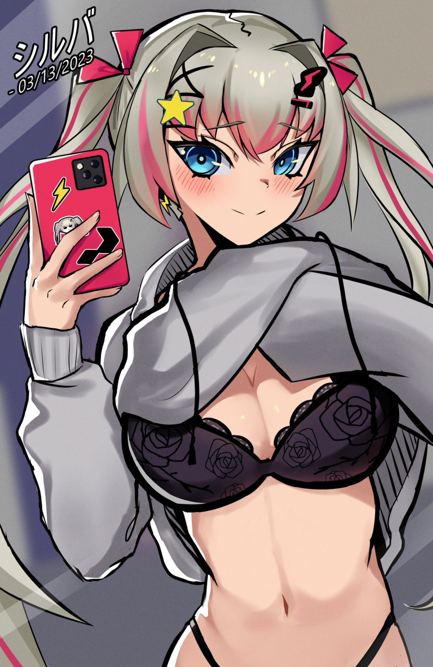 1girls belly_button black_bra blue_eyes blush bra breasts cleavage eyebrows_visible_through_hair female female_only hair_ornament light-skinned_female light_skin phase_connect phase_origins phone rinkou_ashelia silvadoesart smartphone solo sweater sweater_lift twintails virtual_youtuber x_hair_ornament