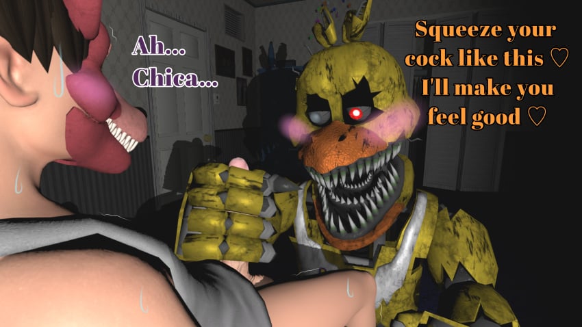 3d female/female five_nights_at_freddy's five_nights_at_freddy's_4 fox_mask handjob michael_afton nightmare_chica nightmare_chica_(fnaf) sfm source_filmmaker text yuuki_momofox