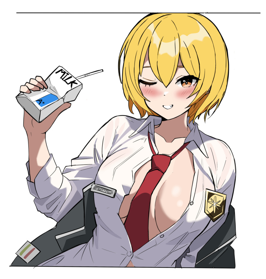 1girls badge blonde_hair breasts cleavage don_quixote_(limbus_company) drunk jacket lclca limbus_company milk project_moon shirt smile smiling solo solo_focus tie wardrobe_malfunction wink