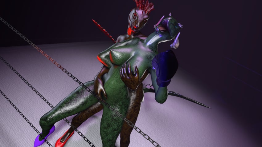 16:9 3d_(artwork) anthro argonian bethesda_softworks big_breasts boxing_gloves breast_grab breasts clothing digital_media_(artwork) dominant duo female female/female fighting_ring footwear hand_on_breast hand_on_pussy handwear high_heels high_heels_only kasdaq open_mouth reptile scalie source_filmmaker the_elder_scrolls widescreen wrestling