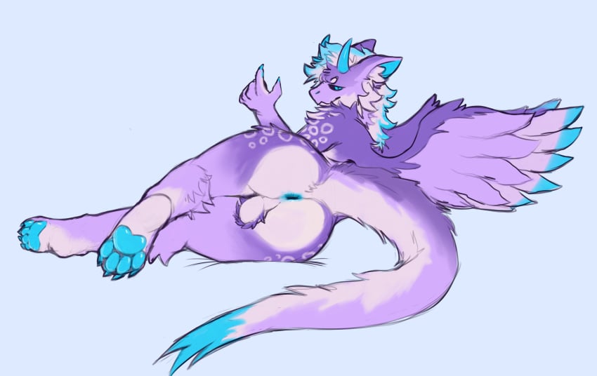 absurd_res acai_(kariacai) anthro anus ass ball_tuft balls beckoning bedroom_eyes black_sclera blue_anus blue_claws blue_eyes blue_horn blue_paws blue_penis butt_heart claws dragon fluffy fluffy_tail fur furred_dragon genitals gesture gradient_fur hair hi_res highlights_(coloring) horn male markings narrowed_eyes penis pink_body pink_fur pompsadoodle presenting presenting_hindquarters purple_body purple_fur purple_wings seductive simple_background solo tail tuft white_body white_fur white_hair white_markings wings