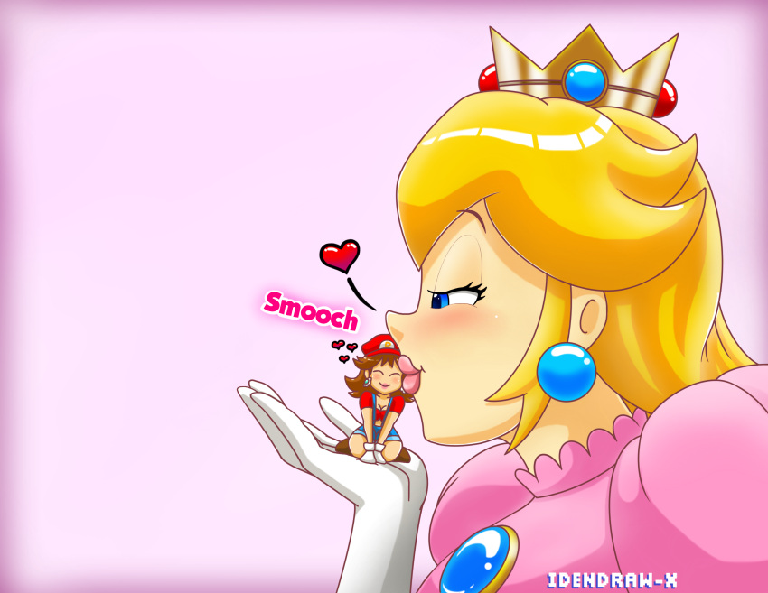 2girls female female_only giantess idendrawx kissing mario_(cosplay) mario_(series) multiple_girls nintendo nintendo_switch pink_background princess_daisy princess_peach shrink shrinking simple_background tiny yuri