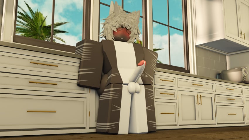 1boy 3d 3d_(artwork) apron apron_only big_penis femboy gabbers glasses grey_body grey_hair kitchen kitchen_counter precum precum_drip roblox robloxian sea_(searr34) seductive_look shark tagme two_tone_body