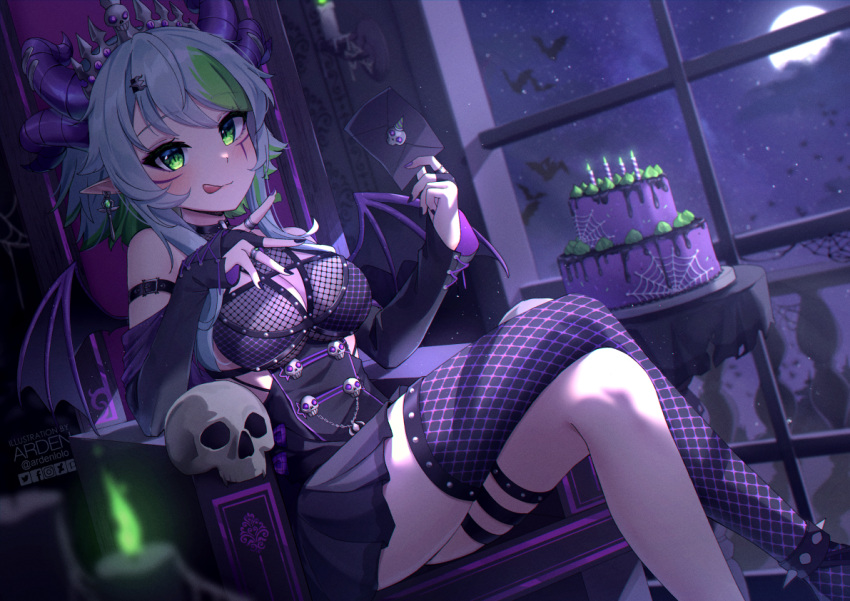 1girls :q ardenlolo artist_name black_dress blush breasts bridal_gauntlets cake cleavage closed_mouth crossed_legs demon_girl demon_horns demon_wings dress feet_out_of_frame female female_only food froot green_eyes green_hair grey_hair holding_letter holding_object horn horns indoors layer_cake letter long_sleeves looking_at_viewer medium_breasts moon multi_horn multicolored_hair night short_hair short_hair_with_long_locks single_thighhigh sitting sleeves_past_wrists solo thighhighs throne tiara tongue tongue_out two-tone_hair virtual_youtuber vshojo wings