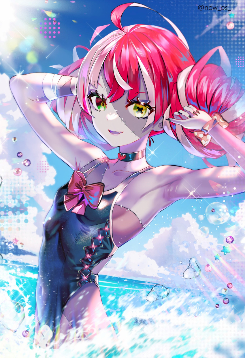 armpits arms_up chocker heterochromia hololive hololive_indonesia hololive_indonesia_holoro kureiji_ollie looking_at_viewer one-piece_swimsuit red_hair small_breasts sowon swimming swimsuit virtual_youtuber zombie zombie_girl zondere