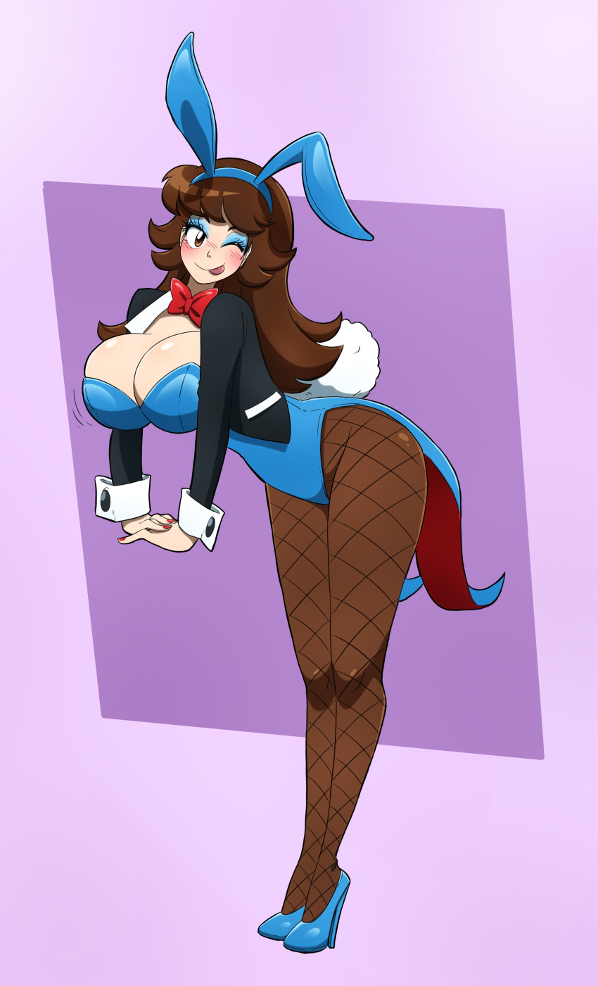 bimbo blush breasts brown_hair bunny_girl bunnysuit cleavage eyeshadow fishnets high_heels kobi-tfs kobi94 large_ass large_breasts long_hair looking_at_viewer thick_thighs tongue_out wide_hips