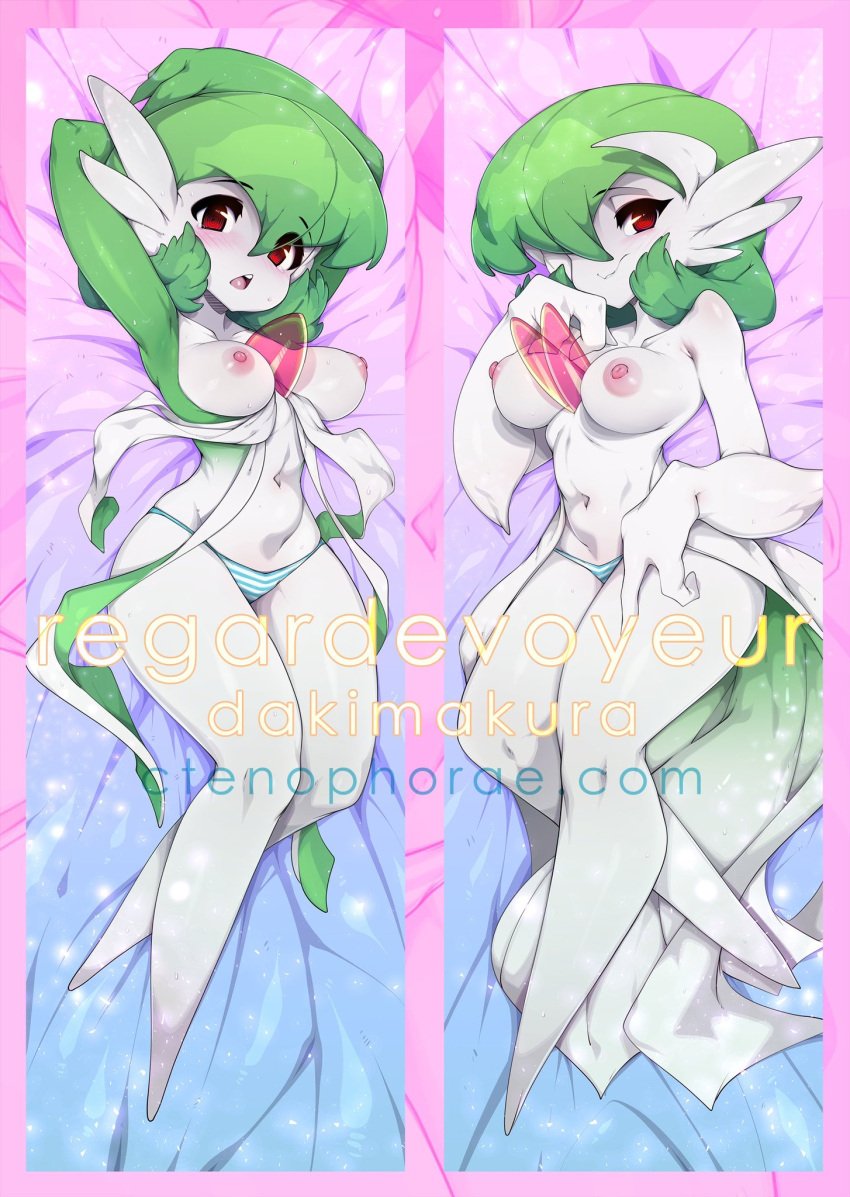 1girls blush bob_cut breasts chest_jewel clothed_pokemon clothing colored_skin dakimakura_(medium) female gardevoir green_hair green_skin hair_over_one_eye highres legs_together looking_at_viewer medium_breasts mega_gardevoir mega_pokemon multicolored_skin nipples one_eye_covered open_mouth panties pokemon pokemon_(species) red_eyes short_hair slugbox smile striped striped_panties two-tone_skin underwear white_skin wide_hips