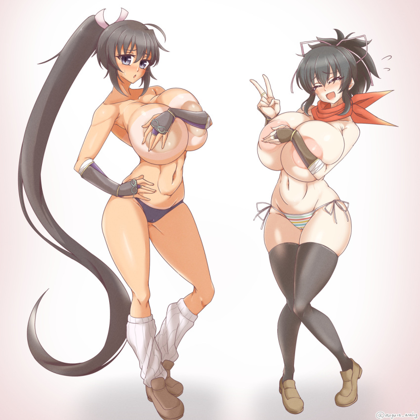 2023 ahoge areoale areola asuka_(senran_kagura) big_breasts big_nipples bikini_bottom bimbo black_hair blank_background blush breasts cameltoe closed_eyes covering_breasts fingerless_gloves gigantic_areola gigantic_areolae gigantic_breasts gigantic_nipples gloves hair_ribbon homura_(senran_kagura) huge_areola huge_areolae huge_breasts huge_nipples hyper_breasts large_areola large_areolae large_breasts large_nipples long_hair looking_at_viewer marvelous massive_breasts mogura_analog nipples partially_visible_nipples ponytail scarf senran_kagura shoes side-tie_bikini skindentation stockings striped_bikini sweatdrop tan_body tanline thick_thighs toned_stomach v_sign