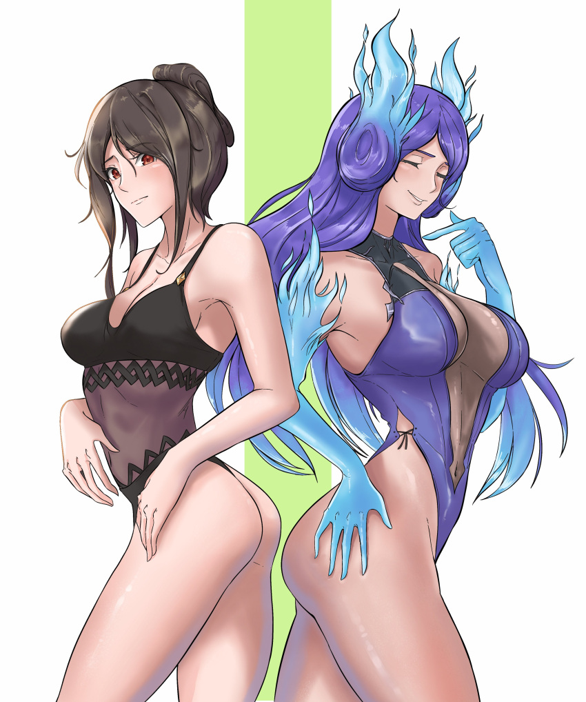 2girls absurd_res bare_shoulders bikini black_bikini black_swimsuit blue_bikini blue_fire blue_gloves blue_hair blue_swimsuit breasts brighid_(xenoblade) calmgreentori cleavage core_crystal elbow_gloves female female_only fiery_hair fire gloves highres large_breasts long_hair medium_breasts midriff monolith_soft morag_ladair_(xenoblade) navel nintendo purple_hair red_eyes simple_background smile smiling swimsuit thick_thighs thighs very_long_hair xenoblade_(series) xenoblade_chronicles_2