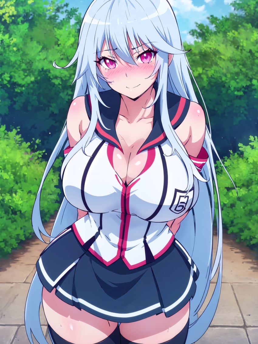 1girls ai_generated arms_behind_back big_breasts blue_hair breasts busty chidorigafuchi_aine female female_only hi_res large_breasts legs long_hair looking_at_viewer masou_gakuen_hxh pink_eyes school_uniform schoolgirl skirt smile thighs voluptuous