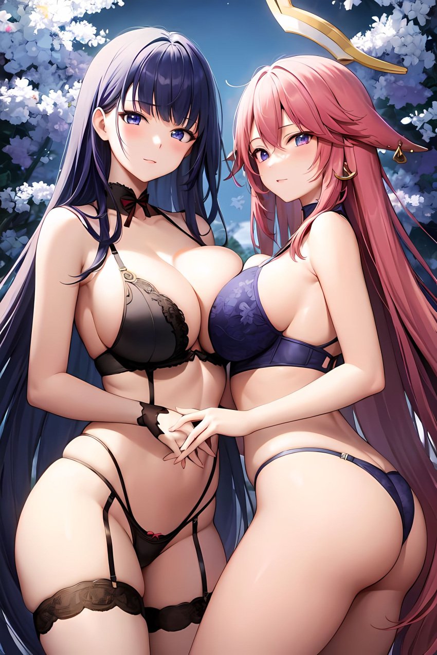 2girls ai_generated ass bra breast_frottage breasts female fox_ears fox_girl genshin_impact huge_ass huge_breasts kitsune large_ass long_hair mimi_ai panties pink_hair purple_eyes purple_hair raiden_shogun stable_diffusion thighs yae_miko