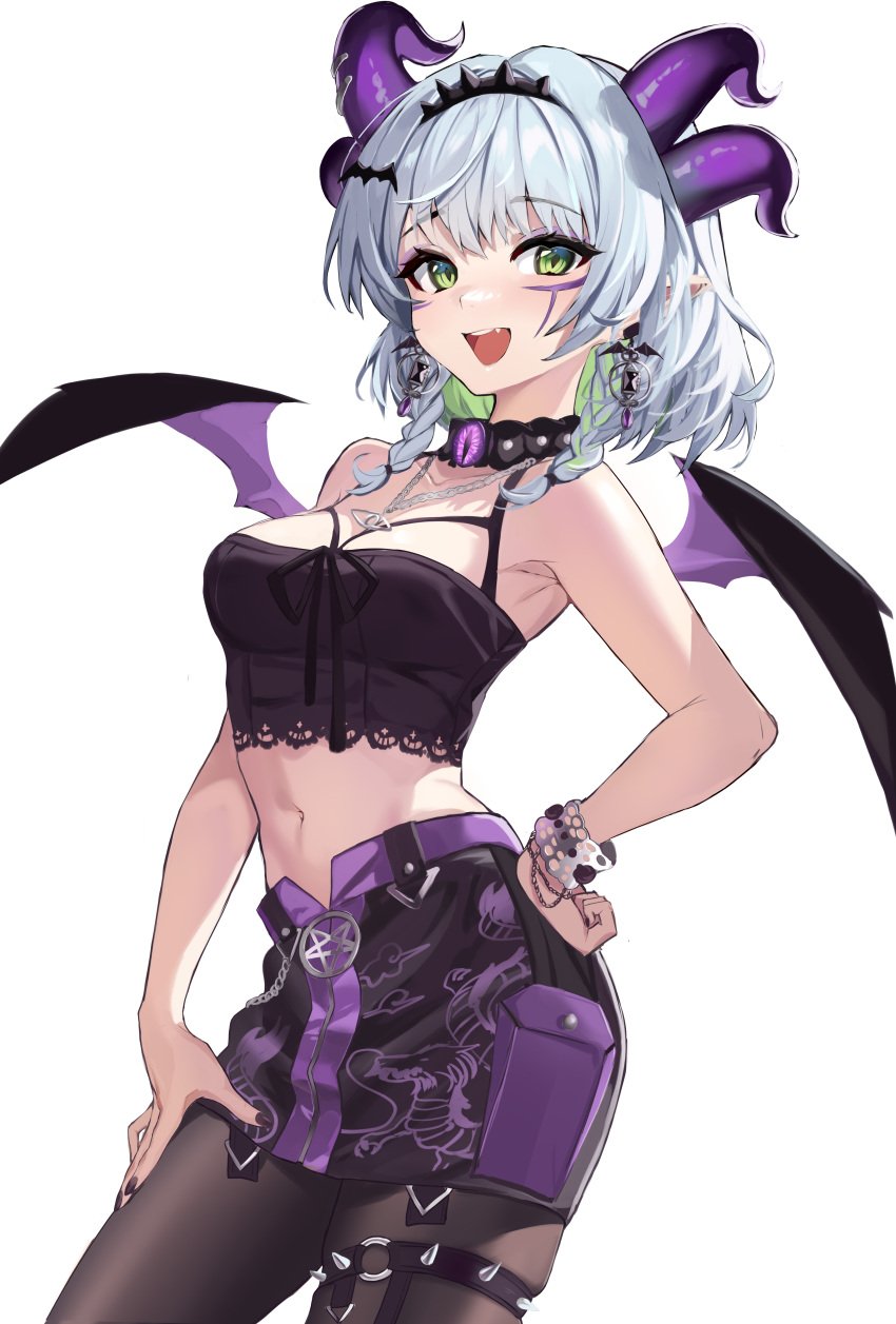 1girls black_pantyhose bow braid breasts choker collarbone crop_top demon_girl demon_horns demon_wings earrings facial_mark female female_only froot gothic green_eyes green_hair hairbow horn horn_piercing horns jewelry light-skinned_female light_blue_hair light_skin miniskirt multi_horn multicolored_hair navel open_mouth pantyhose pointy_ears purple_horns purple_nails short_hair short_hair_with_long_locks skirt slit_pupils smile solo stone_(ksorede) twin_braids virtual_youtuber vshojo wings