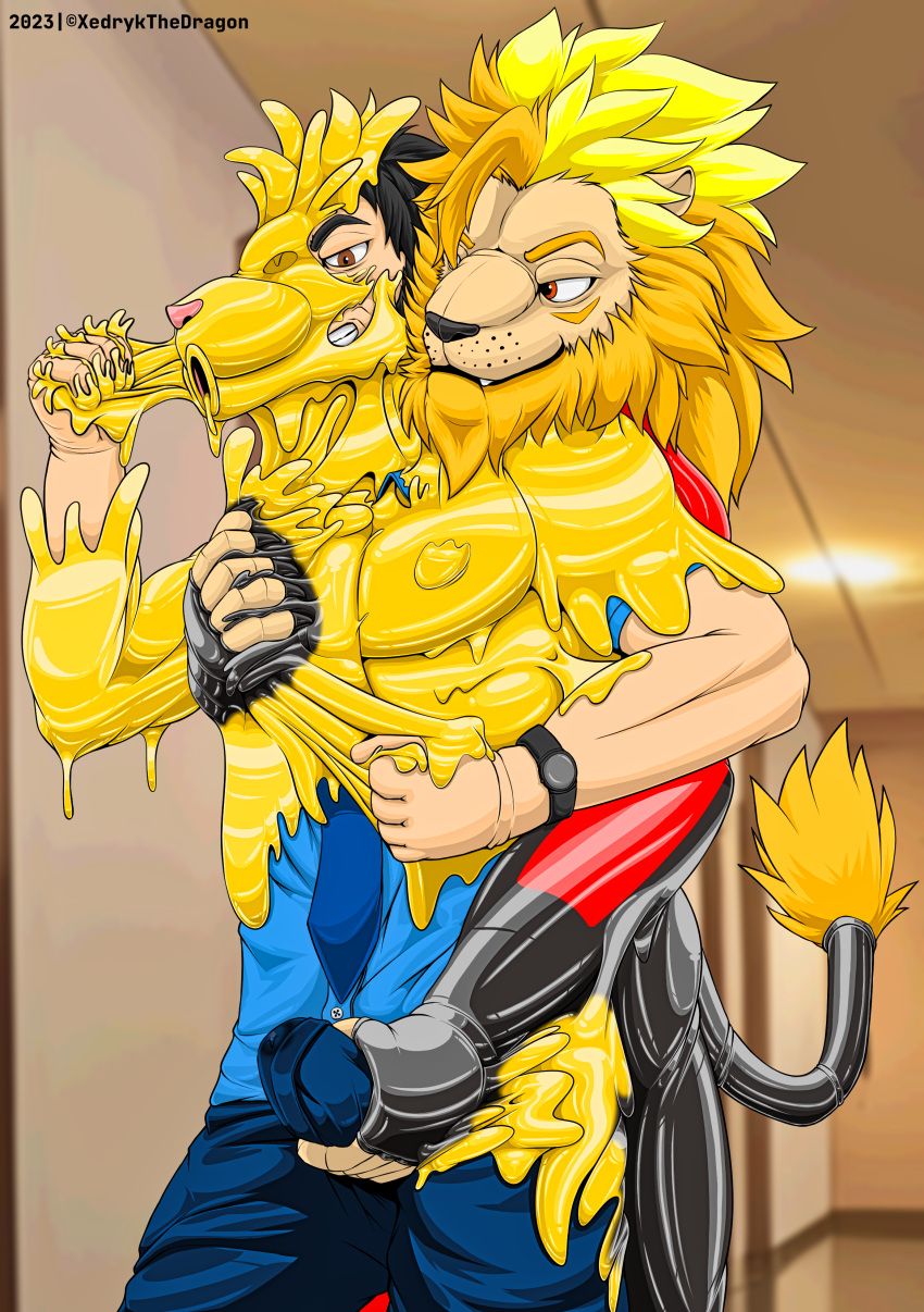 absurd_res animal_humanoid anthro bound clothing duo encasement felid felid_humanoid goo_transformation hi_res human humanoid lion_humanoid male male/male mammal mammal_humanoid pantherine pantherine_humanoid rubber rubber_clothing rubber_suit toysuit transformation xedrykthedragon