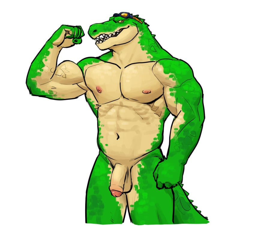 anthro balls biceps casual_nudity crocodile crocodilian crocodylid deltoids flaccid foreskin genitals green_body green_scales hi_res humanoid_genitalia humanoid_hands humanoid_penis league_of_legends male manly muscular muscular_anthro muscular_male navel nipples non-mammal_balls non-mammal_navel non-mammal_nipples pecs penis pool_party_renekton pool_party_series renekton reptile scales scalie solo teeth yeshh