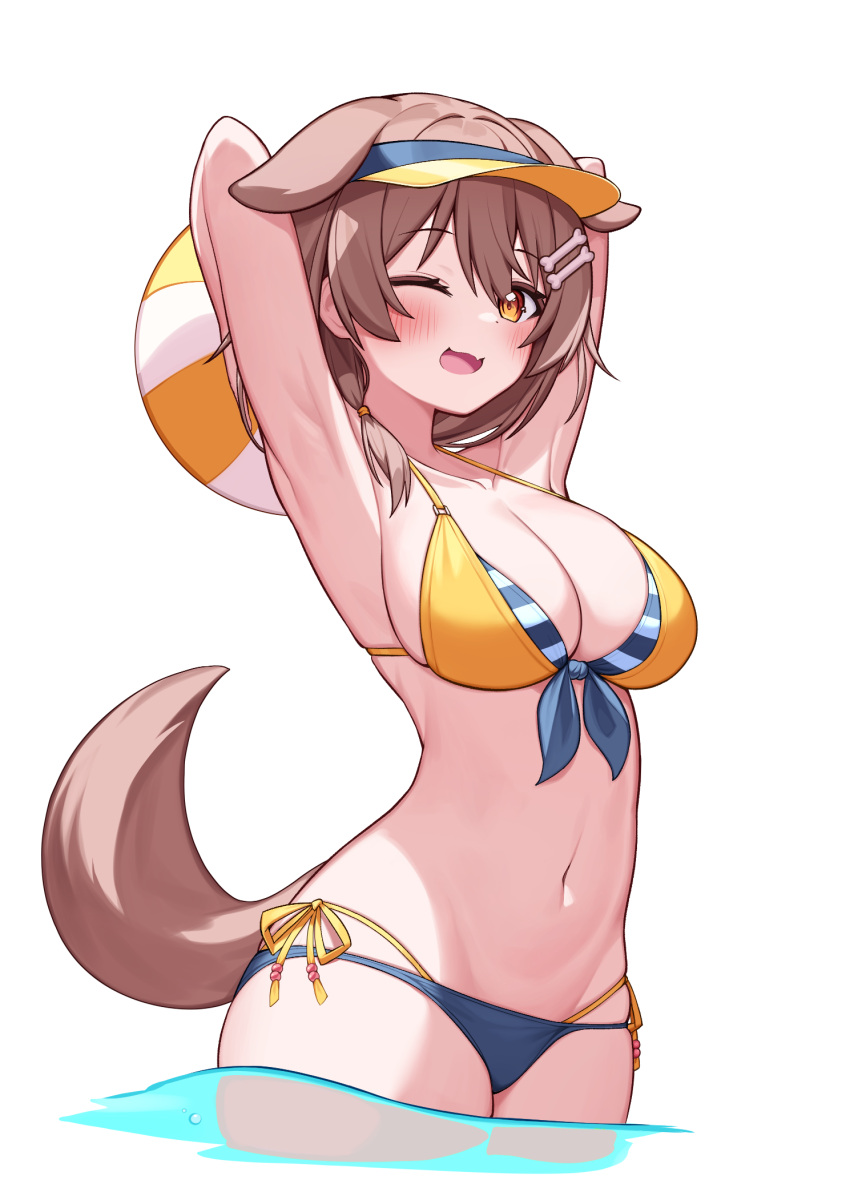 ;d animal animal_ears armpits arms_behind_head arms_up ball beachball bikini black_bikini blush bone_hair_ornament breasts brown_eyes brown_hair cleavage collarbone commentary deaver dog_ears dog_girl dog_tail fangs female hair_ornament highres holding holding_ball holding_beachball hololive hololive_gamers hololive_japan inugami_korone layered_bikini looking_at_viewer medium_breasts medium_hair mismatched_bikini navel one_eye_closed open_mouth simple_background smile solo standing stomach swimsuit tail virtual_youtuber visor_cap wading white_background yellow_bikini