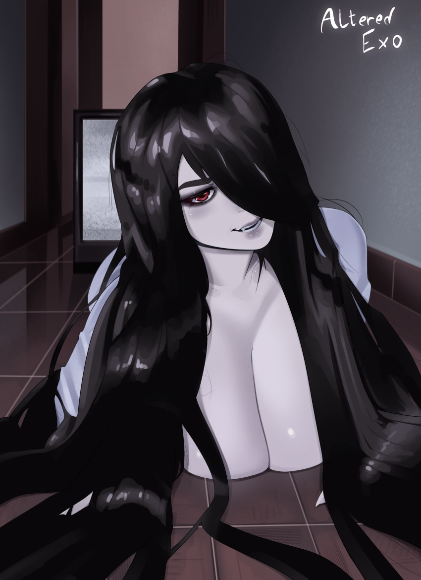 all_fours alteredexo big_breasts brown_hair brown_hair crawling female ghost ghost_girl huge_breasts long_sleeves massive_breasts pale_skin red_eyes sharp_teeth smile the_ring yamamura_sadako