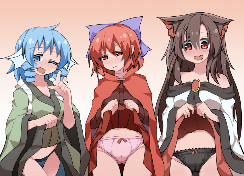 3girls animal_ears bare_shoulders black_panties black_shirt blue_bow blue_eyes blue_hair blue_panties bow bow_panties brooch brown_hair cape capelet dress dress_lift drill_hair embarrassed female female_only fins grass_root_youkai_network hairbow head_fins honyaa_(honya--1123) imaizumi_kagerou kagerou_imaizumi kimono kimono_lift lace-trimmed_panties lifted_by_self long_hair long_sleeves looking_at_viewer mermaid mermaid_girl multiple_girls oerba_yun_fang off-shoulder_dress off_shoulder one_eye_closed open_mouth panties pantyshot pink_panties presenting red_cape red_eyes red_hair red_skirt sekibanki shirt short_hair skirt skirt_lift touhou tubetop underwear wakasagihime werewolf white_dress white_tubetop wink winking winking_at_viewer wolf_ears wolf_girl