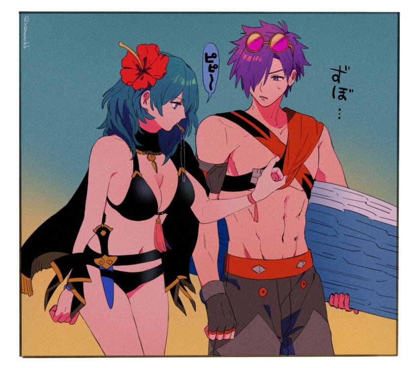 1boy 1girls abs alternate_costume bikini black_bikini black_cape black_gloves black_swimsuit blue_eyes blue_hair breasts byleth_(female)_(fire_emblem) byleth_(female)_(summer)_(fire_emblem) byleth_(fire_emblem) byleth_(fire_emblem)_(female) byleth_(summer)_(fire_emblem)_(female) cape cleavage commentary_request eyewear_on_head female fingerless_gloves fire_emblem fire_emblem:_three_houses fire_emblem_heroes fire_emblem_warriors:_three_hopes flower gloves hair_flower hair_ornament hair_over_one_eye hibiscus holding holding_surfboard male male_swimwear medium_breasts muscular muscular_male navel nintendo nzmnnkk official_alternate_costume one_eye_covered profile purple_eyes purple_hair red_flower shez_(fire_emblem) shez_(male)_(fire_emblem) shez_(male)_(summer)_(fire_emblem) stomach sunglasses surfboard swim_trunks swimsuit translation_request twitter_username