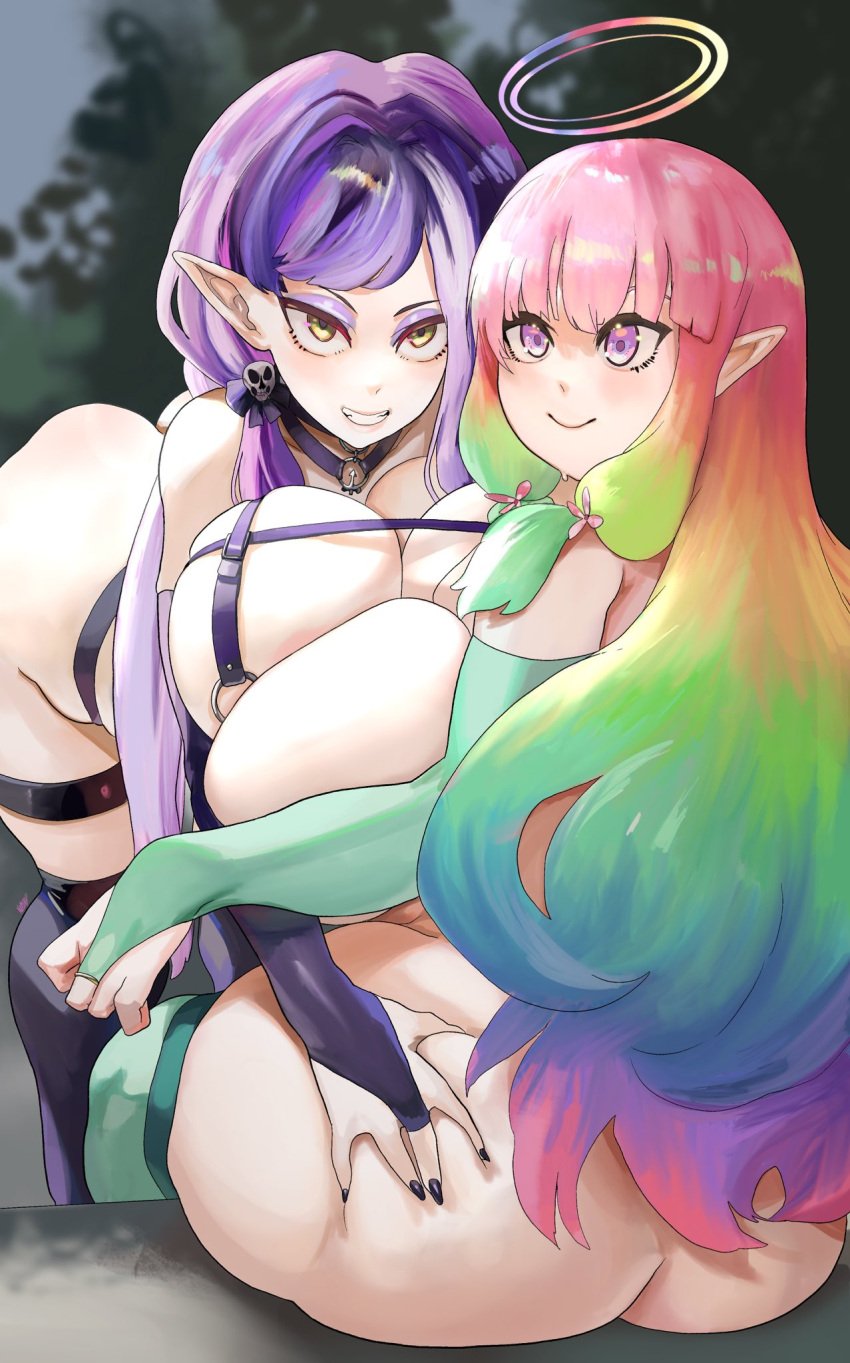 angel ass ass_grab big_ass big_breasts breast_press breasts bridal_gauntlets cleavage elf elf_ears elf_female eonbound female female_focus female_only goth halo huge_ass huge_breasts large_breasts married married_couple married_woman milf multicolored_hair nail_polish noblood nocturna pointy_ears rainbow_hair source_request thick_thighs thighs wide_hips xaessya year_request yuri