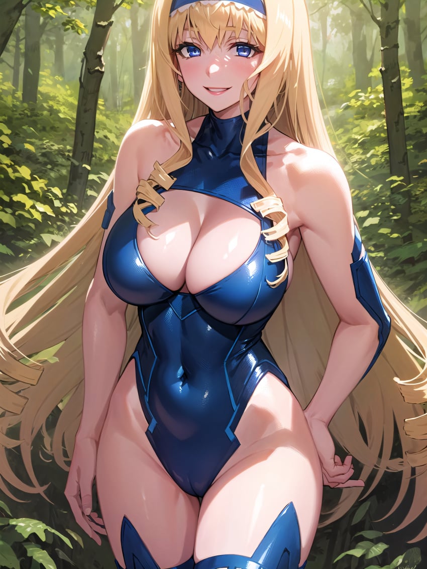 1girls ai_generated big_breasts blonde_hair blue_eyes busty cecilia_alcott cleavage drill_hair female female_only hairbow hi_res infinite_stratos large_breasts legs leotard smile solo thighs voluptuous