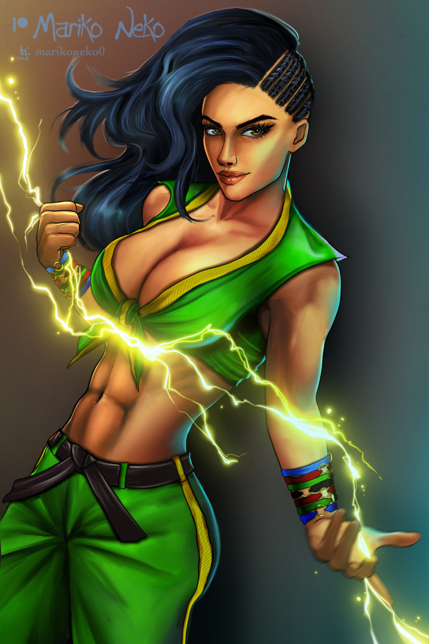 1girls abs brazilian brazilian_female capcom clothed dark-skinned_female dark_skin electricity electricity_manipulation female laura_matsuda lightning lightning_bolt marikoneko marikoneko0 sparks street_fighter street_fighter_v