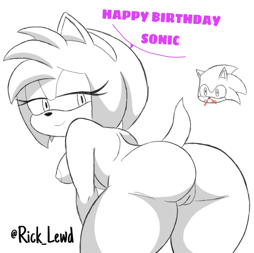 1boy 1girls alternate_version_available amy_rose anthro ass bedroom_eyes bent_over big_butt blood bodily_fluids butt_grab colorless completely_nude completely_nude_female eulipotyphlan female hand_on_butt hedgehog hi_res looking_back male mammal naked naked_female narrowed_eyes nosebleed nude nude_female rick_amv rickamv seductive sega sonic_(series) sonic_the_hedgehog sonic_the_hedgehog_(series) thick_thighs