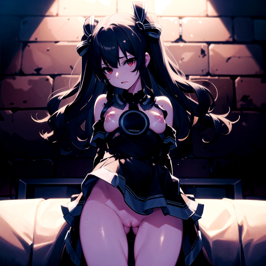 ai_generated bed black_hair exposed_breasts exposed_pussy inviting_to_sex lifted_skirt looking_at_viewer neptunia_(series) red_eyes stable_diffusion twintails uni_(neptunia)