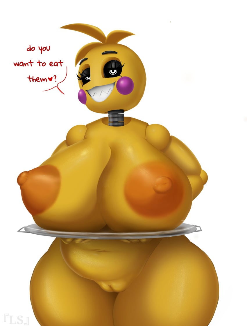 1girls areolae breasts breasts_on_plate female female_only five_nights_at_freddy's five_nights_at_freddy's_2 huge_breasts looking_at_viewer ls naked naked_female nipples nude nude_female platter pussy smile solo solo_female toy_chica_(fnaf) toy_chica_(love_taste) yellow_body