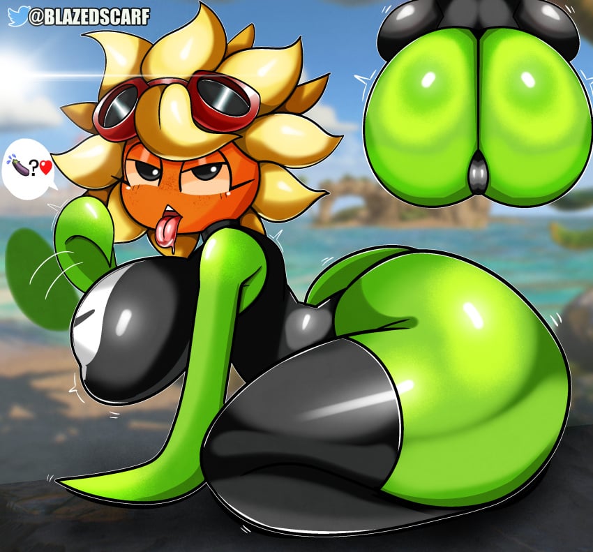 anthro ass big_ass big_balls big_breasts blazedscarf blowjob_face blowjob_gesture butt_focus imminent_oral legwear plant plant_girl plantie plants_vs_zombies plants_vs_zombies:_heroes popcap_games solar_flare_(pvz) swimsuit swimwear