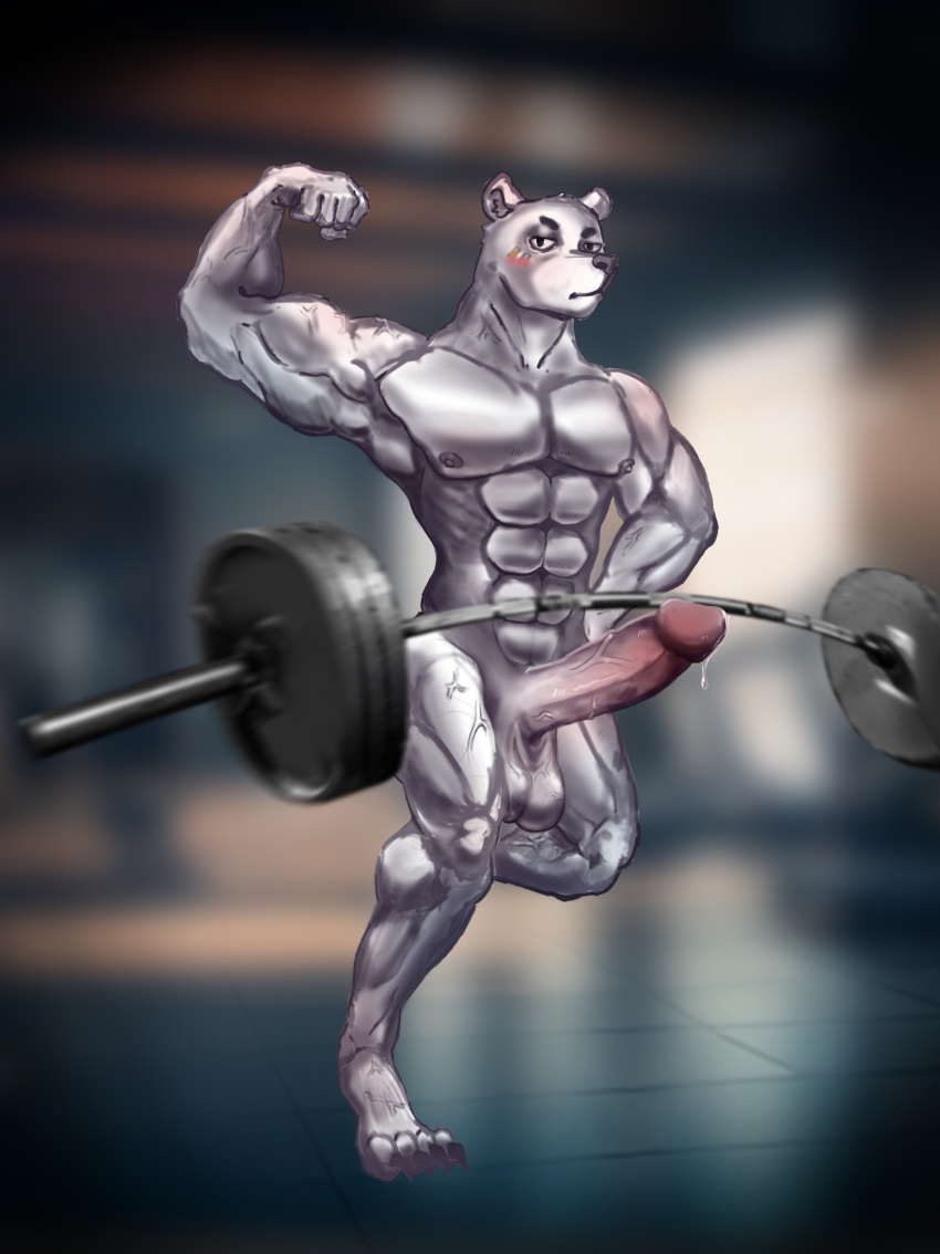 1boy absurd_res balls bear blush bodily_fluids cum deadlift exercise flexing genital_fluids genitals hartz_(artist) hi_res male male_focus mammal muscular muscular_male penis precum what