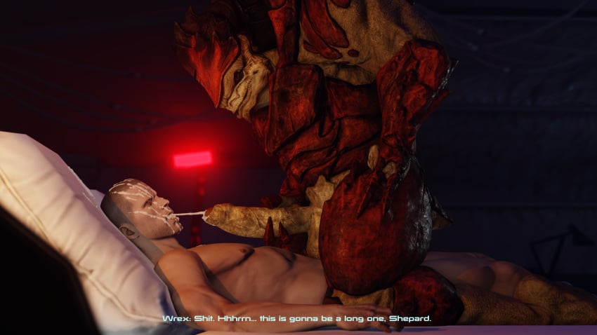 2boys 3d alien balls bara bed bodily_fluids cheap-wazoo commander_shepard cum cum_in_mouth cum_inside cum_on_face cumshot digital_media_(artwork) duo ejaculation erection furniture gay genital_fluids genitals hair hi_res human humanoid humanoid_genitalia humanoid_penis interspecies kneeling krogan lying male male/male male_only maleshep mammal mass_effect masturbation muscular muscular_male nipples nude on_back on_bed on_top open_mouth orgasm penile penile_masturbation penis pillow sex sleep_sex sleeping straddling urdnot_wrex wake_up yaoi