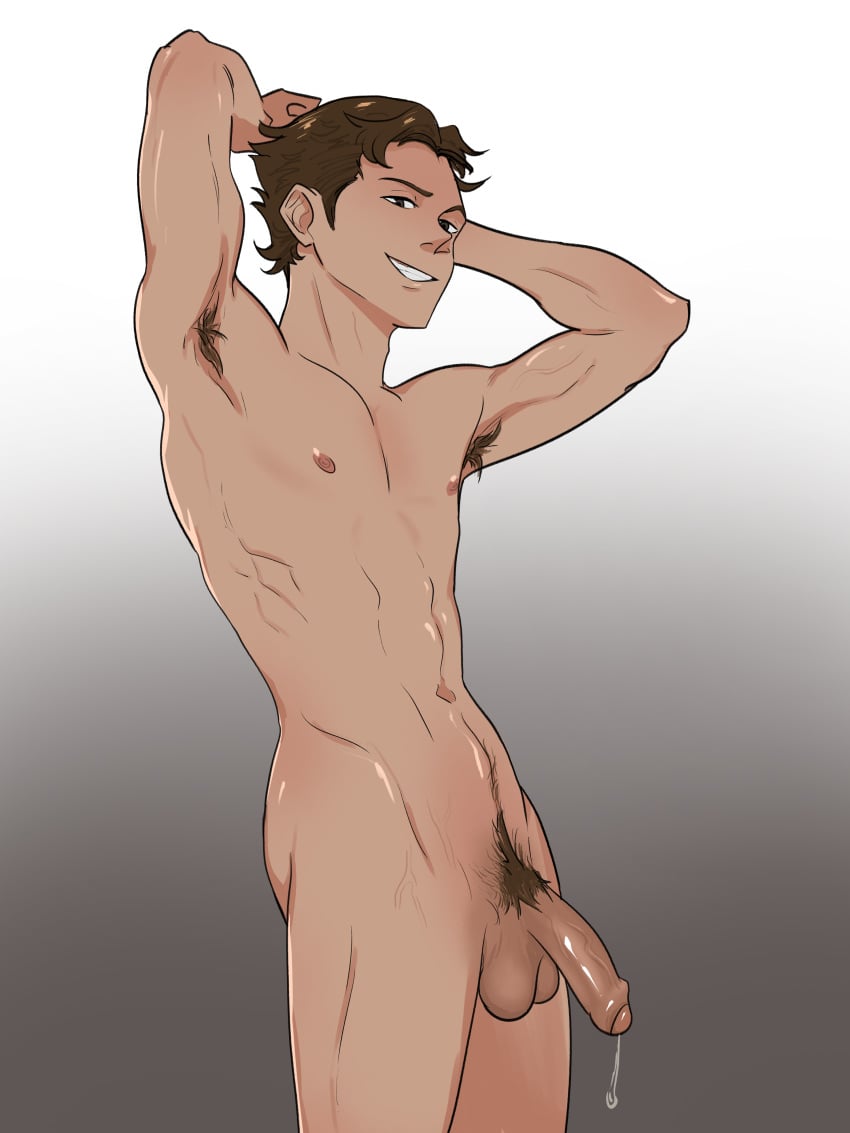 1boy brown_hair hands_behind_head kenkaru86 male_only naked penis pokemon pokemon_ss semi-erect soft_penis tagme victor_(pokemon)