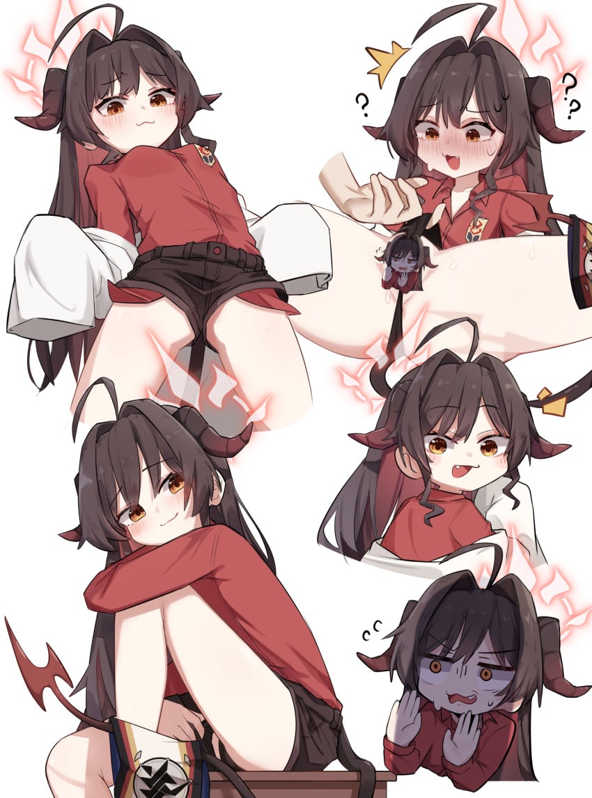 1other ? ?? ahoge back black_panties blue_archive blush breasts brown_hair brown_shorts buttons censored character_censor closed_mouth collarbone collared_shirt demon_tail female flying_sweatdrops from_behind gehenna_academy_logo_(blue_archive) gehenna_academy_student goat_horns hair_between_eyes halo hands_up highres horns hot_springs_department_(blue_archive) jacket kasumi_(blue_archive) long_hair long_sleeves looking_at_viewer looking_back looking_down looking_to_the_side medium_breasts miaoema multicolored_hair novelty_censor oerba_yun_fang open_clothes open_jacket open_mouth orange_eyes panties pussy red_hair red_shirt shirt short_shorts shorts sidelocks simple_background sitting smile solo_focus spread_legs standing sweatdrop table tail tongue two-tone_hair underwear v-shaped_eyebrows white_background white_jacket wide_sleeves young