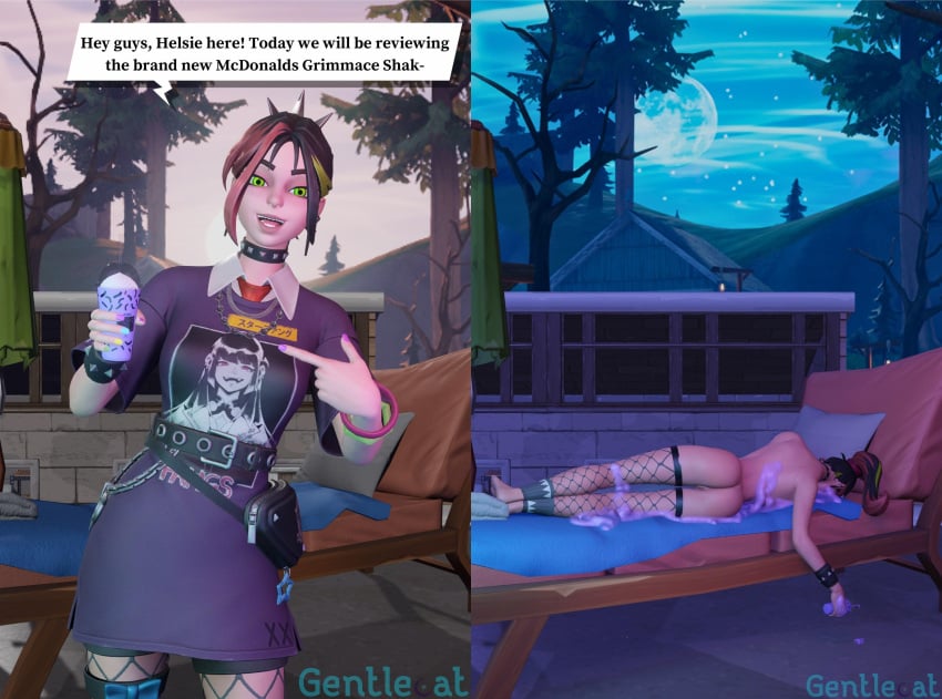 1girls ass before_and_after comic death drink female_death fishnets fortnite gentlecat green_eyes grimace_shake helsie_(fortnite) instant_grimace liquid mcdonald's meme multicolored_hair on_side ponytail pussy_exposed spiked_bracelet tagme