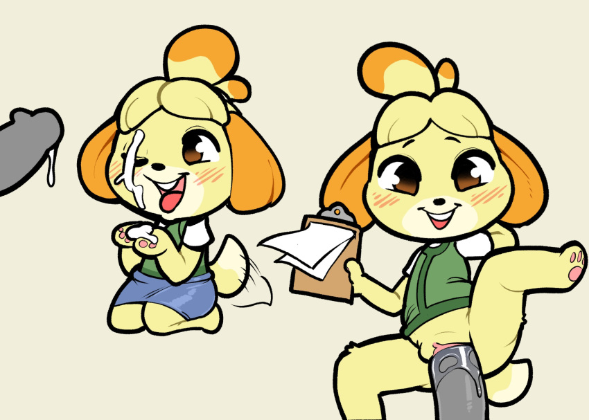 1girls animal_crossing anthro blush bottomless brown_eyes canid canine clipboard clitoris cum cum_on_face cum_on_hands cum_on_paw cumdrip cute dog_ears dog_girl dog_tail erection facial feet female female_focus furry furry_ears furry_only furry_tail hair happy happy_sex isabelle_(animal_crossing) itsunknownanon legs legs_apart nintendo on_back on_knees open_mouth pawpads paws penis pussy pussy_juice sex shih_tzu simple_background skirt smile solo_focus tied_hair tongue tongue_out vaginal_penetration vaginal_sex vest wagging_tail yellow_fur