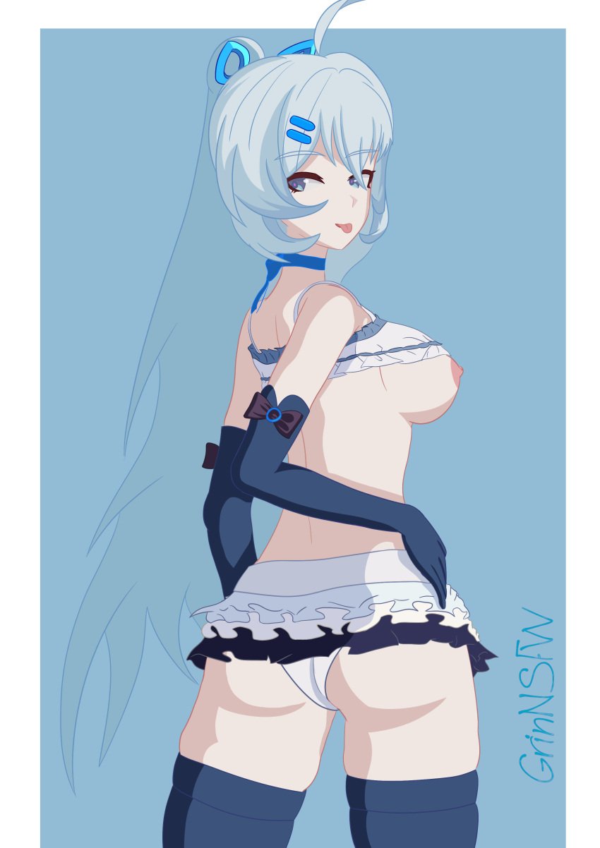 absurdres ass ass_focus breasts female from_behind grinnsfw hair_ornament highres honkai_(series) honkai_impact_3rd idol large_breasts lifted_by_self looking_at_viewer multiple_views nipples panties shigure_kira thighhighs thighs turnaround underwear white_panties