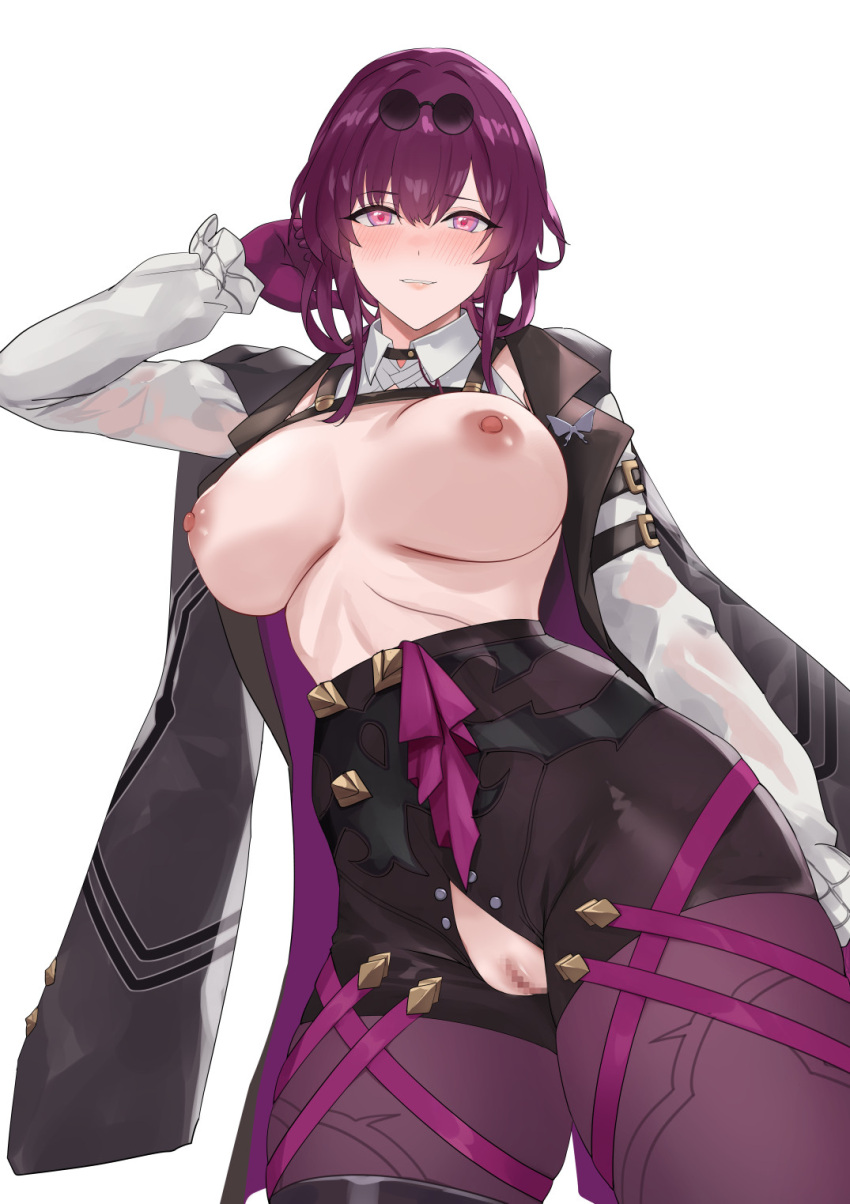 1girls arm_belt black_jacket black_shorts blazingchaos blush boots breasts censored contrapposto eyewear_on_head female gloves high-waist_shorts highres honkai:_star_rail honkai_(series) jacket jacket_on_shoulders kafka_(honkai:_star_rail) large_breasts long_hair long_sleeves looking_at_viewer mosaic_censoring nipples nose_blush open_clothes open_shirt open_shorts pantyhose pantyhose_under_shorts purple_eyes purple_gloves purple_hair purple_pantyhose pussy round_eyewear shirt shorts simple_background single_thigh_boot smile solo sunglasses thigh_boots white_background white_shirt wing_collar