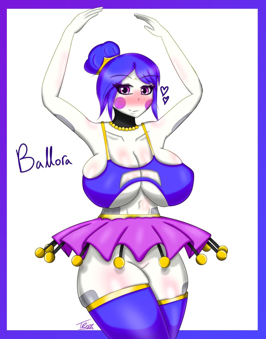 ballerina ballerina_position ballora ballora_(fnafsl) ballora_(fnia) belly belly_button big_breasts blue_bra blue_hair blush blushing_at_viewer boob_window bra breast_squeeze breasts_bigger_than_head bun bun_hair female female_only five_nights_at_freddy's five_nights_at_freddy's:_sister_location five_nights_in_anime fnia gothtrishy huge_breasts leggings light-skinned_female light_skin looking_at_viewer no_underwear pale-skinned_female pale_skin purple_eyes robot robot_girl robot_humanoid shiny_clothes shiny_hair shiny_skin sideboob skirt squish squished_breasts tall_female thick_thighs thighs_bigger_than_head tight_clothing tummy white_background white_body white_skin