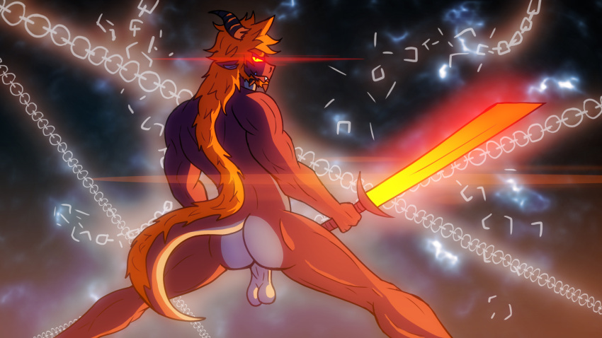 abstract_background anthro ass backsack balls broken_chain cel_shading countershade_butt countershading demon dragon genitals glowing glowing_eyes glowing_sword hair hi_res horn kimero_kat lens_flare lord_dunkelheit male melee_weapon muscular muscular_arms muscular_legs muscular_male muscular_thighs nude orange_hair pose red_body saggy_balls shaded solo spread_legs spreading sword weapon