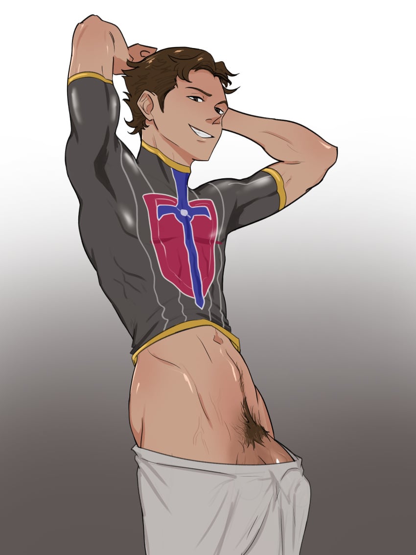 1boy brown_hair hands_behind_head kenkaru86 male_only penis pokemon pokemon_ss semi-erect soft_penis tagme victor_(pokemon)