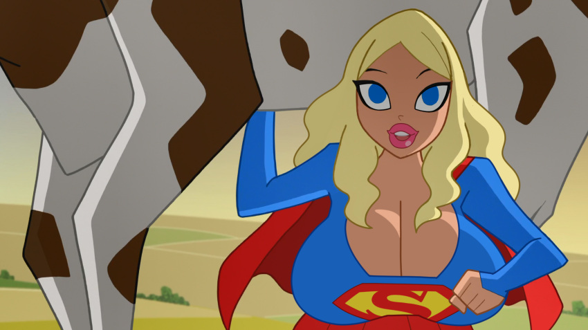 1female 1girls 2023 accurate_art_style all_fours big_breasts bimbo bimbo_lips blonde_hair blue_eyes bovine breasts bull cape cartoon_network cleavage cow dc dc_comics farm female female_only interspecies justice_league_action kara_danvers kara_zor-el large_breasts lipstick open_mouth outdoors screenshot screenshot_edit smile smiling solo solo_female supergirl supergirl_(series) superman_(series) warner_brothers woot zoophilia