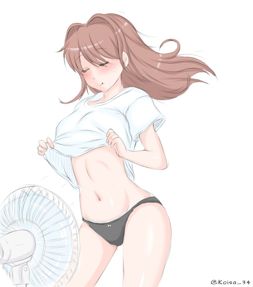 1female 1girls artist_name black_panties both_eyes_closed breasts closed_eyes doki_doki_literature_club eyes_closed fan female female_only girl girl_only human human_focus human_only koisa_34 lifting_shirt long_hair monika_(doki_doki_literature_club) navel panties shirt shirt_lift solo solo_female solo_focus solo_human twitter_username white_background white_shirt