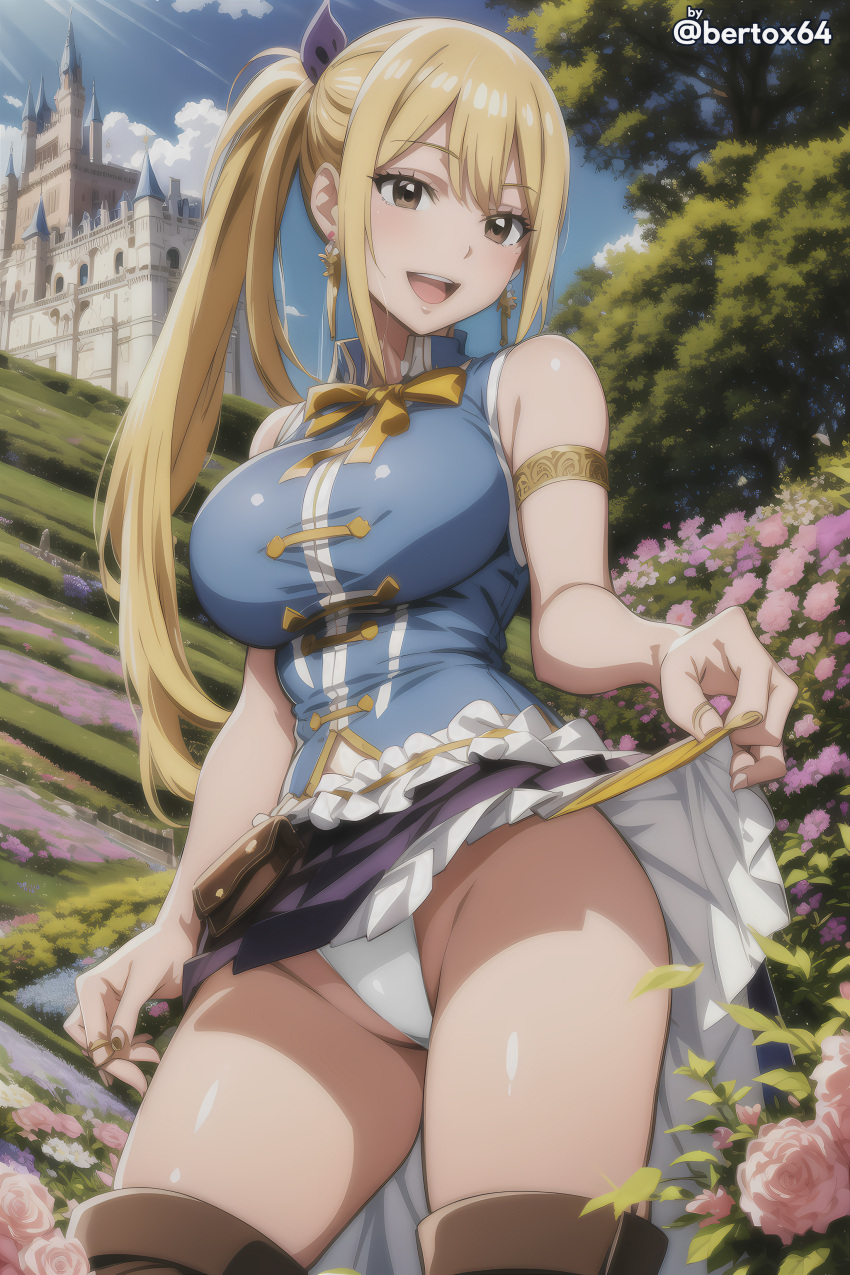 ai_generated bertox64 big_breasts blonde_hair blue_shirt breasts brown_boots brown_eyes cleavage fairy_tail lucy_heartfilia outdoor ponytail skirt_lift smile thong tights upskirt white_skirt white_thong