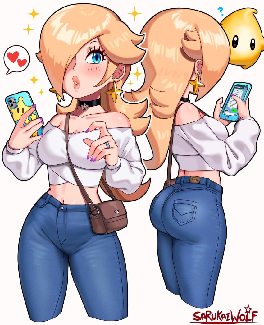 ass belly_button big_ass big_breasts big_butt blonde_hair blue_eyes blush breasts choker clothed clothing crop_top dat_ass denim engagement_ring female hair_over_one_eye heart jeans low_cut_top luma mario_(series) nintendo painted_nails pants princess_rosalina purse sarukaiwolf shoulderless_topwear smartphone speech_bubble star_earrings super_mario_galaxy tight_jeans tight_pants tight_trousers trousers white_topwear