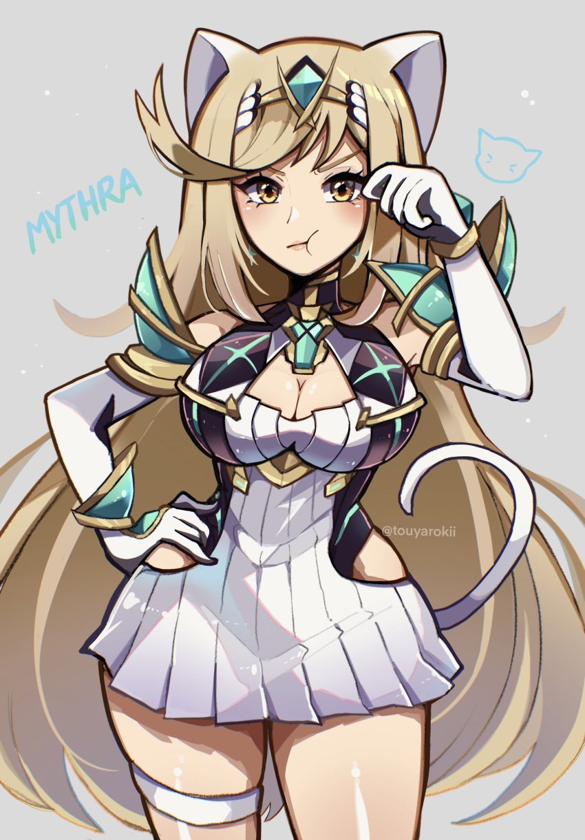 2023 artist_name best_girl big_breasts blonde_hair cat_ears cat_tail catgirl character_name child_bearing_hips cleavage cute dress female hand_on_hip hand_on_own_hip hourglass_figure long_blonde_hair long_hair looking_at_viewer mythra mythra_(xenoblade) nintendo pout pouting thick_thighs touyarokii wide_hips xenoblade_(series) xenoblade_chronicles_2 yellow_eyes