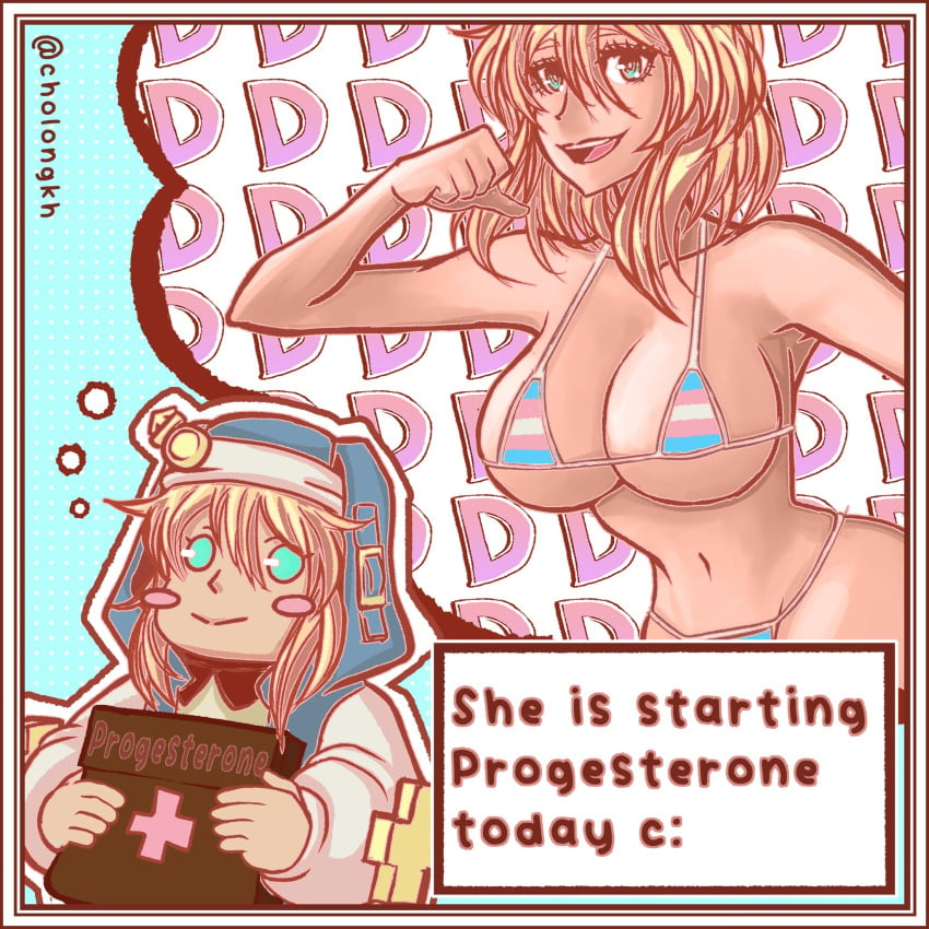 1girls ambiguous_gender androgynous bag big_breasts bikini blonde_hair blue_eyes blush breasts bridget cholongkh cross emoticon english_text female guilty_gear holding_bag holding_object imagination imagining medium_hair pattern_background rule_63 simple_background smile smiley_face solo standing swimsuit text transgender_pride_colors