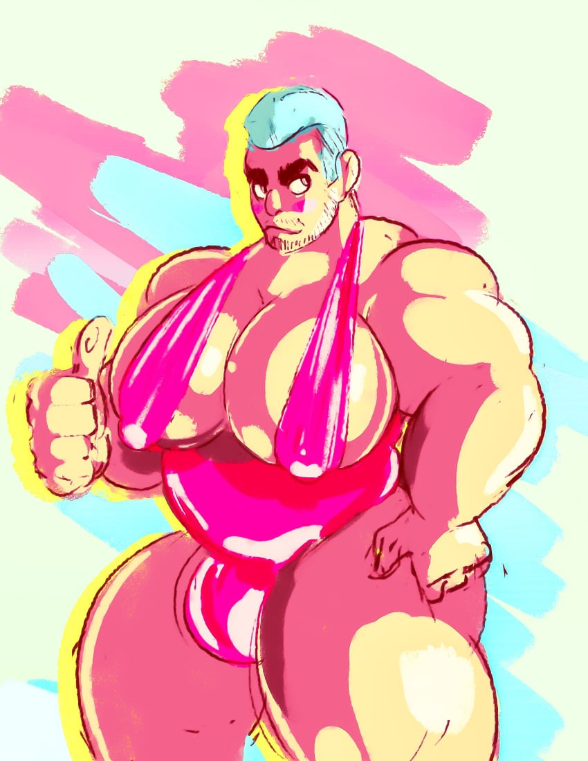 1boy bara bara_tiddies bara_tits big_chest big_pecs blue_hair blush blushing_male bulge cleavage gay huge_chest huge_pecs luchadork male_cleavage male_only muscular muscular_male pecs solo_male swimsuit thumbs_up