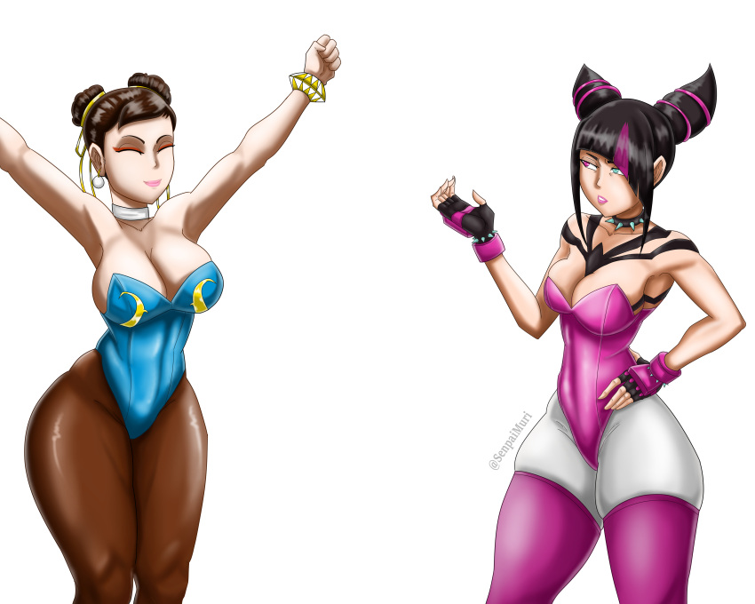 2girls black_hair breasts brown_hair capcom chun-li female female_only fully_clothed green_eyes happy juri_han latex_stockings latex_suit muri_senpai purple_eyes revealing_clothes street_fighter street_fighter_6 suit