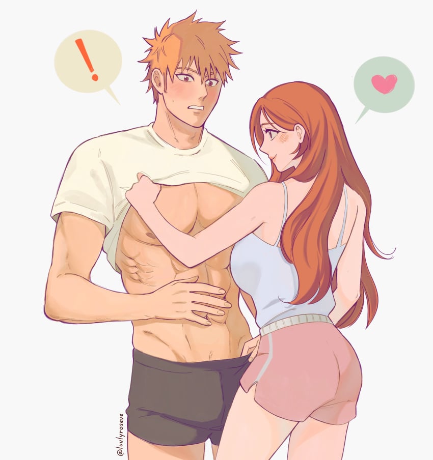 1boy 1boy1girl 1girls 2020s 2023 abs anime black_underwear bleach blush boxer_briefs boxers boxers_(clothing) brown_hair dolphin_shorts duo exposing_chest female front_view heart horny_female ichigo_kurosaki inoue_orihime kurosaki_ichigo lifting_another's_top light-skinned_female light-skinned_male light_skin long_hair luvlyroseve male manga muscular muscular_male orange_hair pectorals rear_view red_hair removing_clothing roseve seductive shirt shirt_lift short_hair short_shorts shorts side_slit side_view standing t-shirt tank_top thick_thighs tugging_clothing two_tone_bottomwear two_tone_bottomwear_(pinkandwhite) white_background white_topwear wholesome